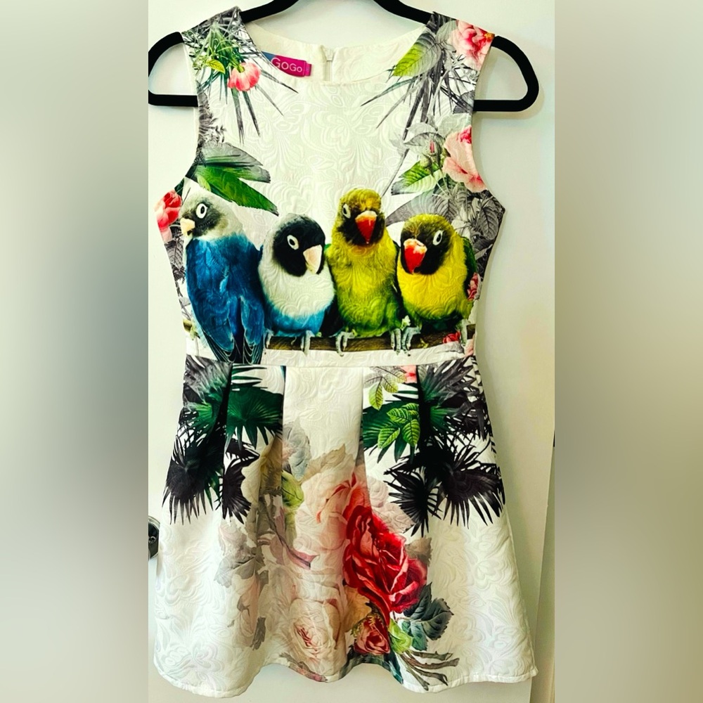 Fabulous S/M Floral Lovebirds/Parrots Rose Summer Garden Party Dress Like New!